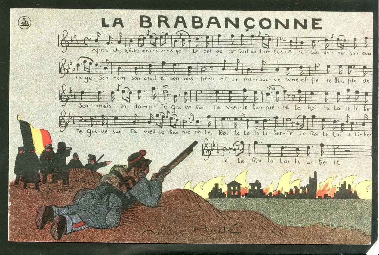 Postcard, Satirical in Colors, circa 1915: La brabanconne - War of 14 -18, Belgium, Chant - Soldiers Illustration by Andre Helle (1875-1945) by Andre Helle