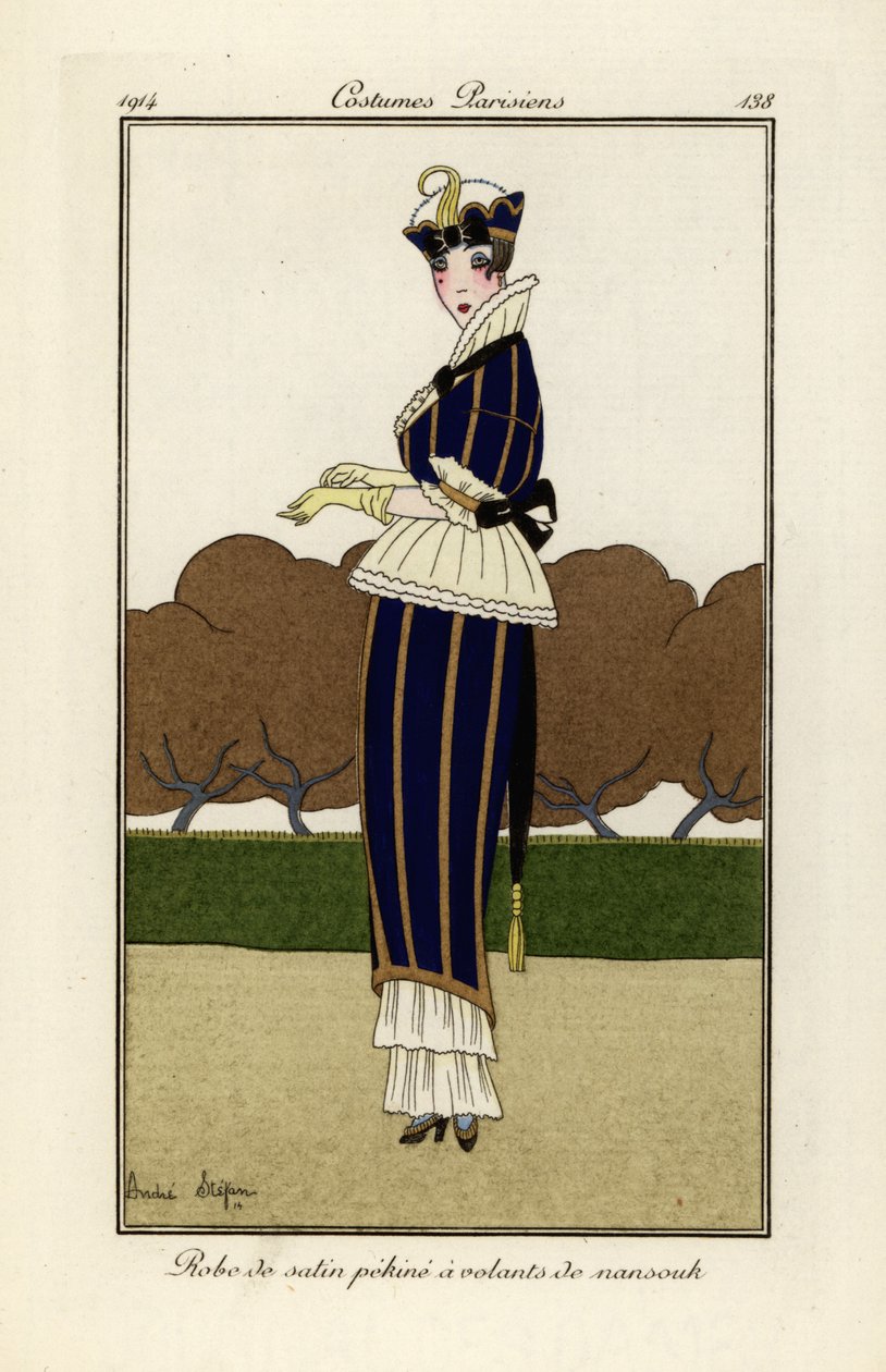 Woman in blue and yellow striped pekin silk satin dress by Andre Stefan