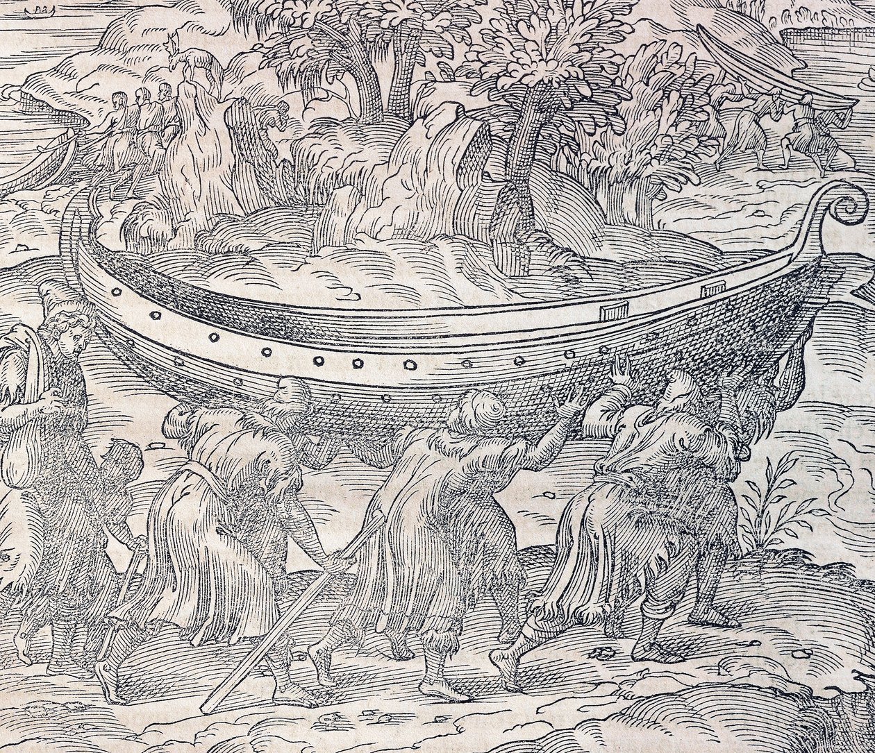 Laplanders carrying their boats, engraving from Universal Cosmology by Andre Thevet