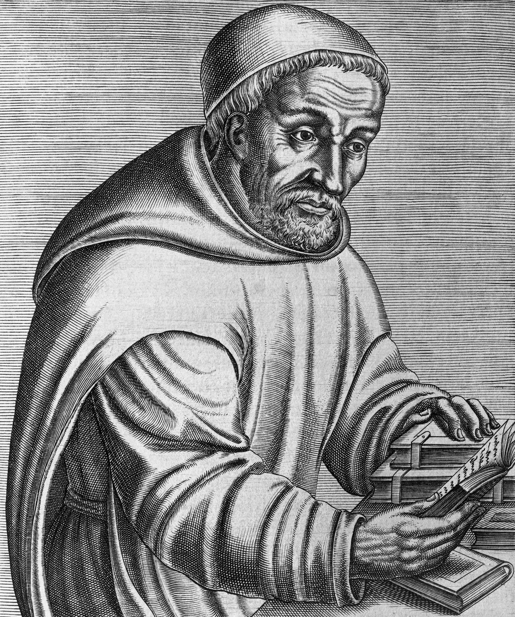 Portrait of Rabanus Maurus Magnentius, German Benedictine monk and theologian, engraving from Les vrais pourtraits et vies des hommes illustres grecz, latins et payens by Andre Thevet
