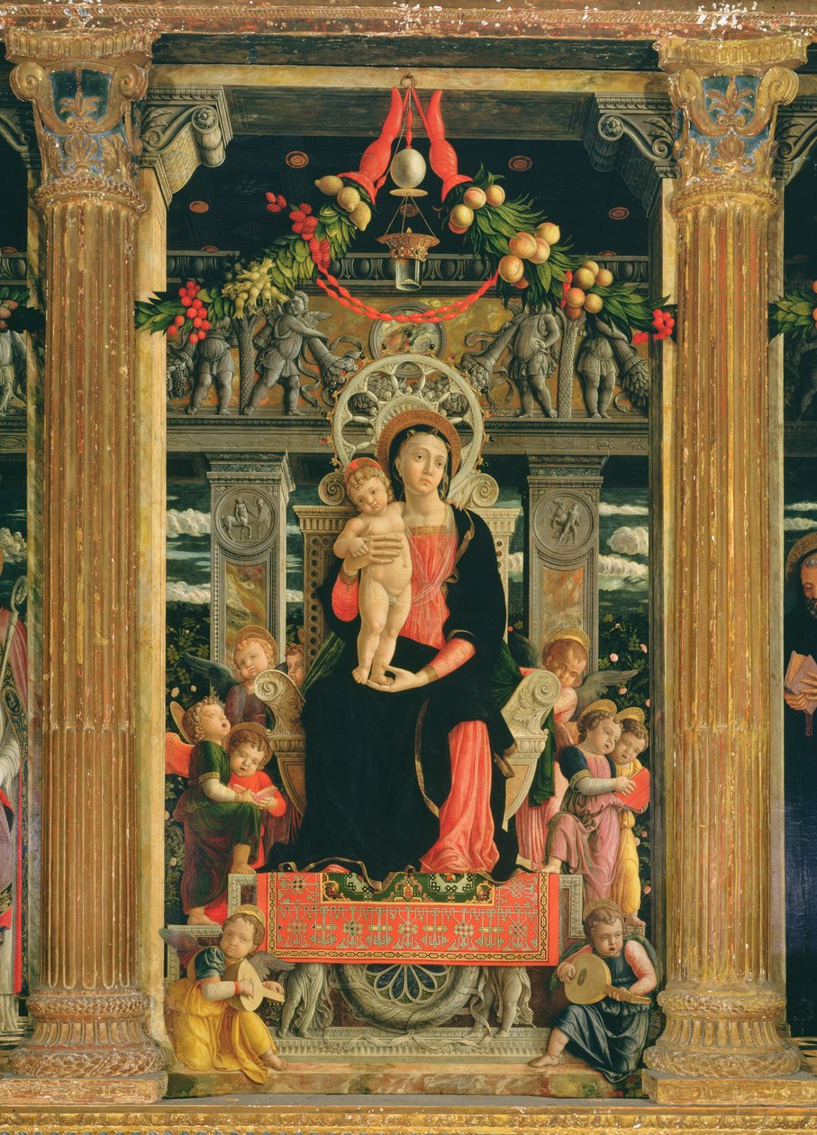 Virgin and Child with Angels, Central Panel from the Altarpiece of St. Zeno of Verona, 1456-60 (detail) by Andrea Mantegna