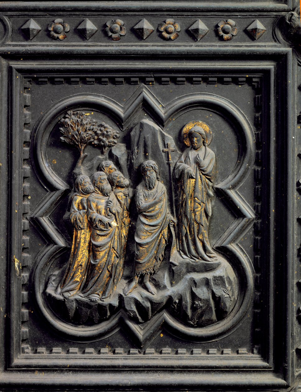 St John the Baptist Announces Christ, eighth panel of the South Doors of the Baptistery of San Giovanni, 1336 by Andrea Pisano