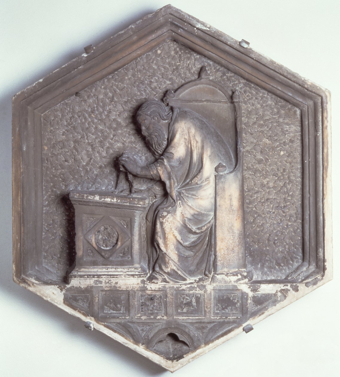 The Art of Architecture, Hexagonal Decorative Relief Tile from a Series Depicting the Practitioners of the Arts and Sciences, Possibly Based on Designs by Giotto (c.1266-1337) c.1334-1348 by Andrea Pisano