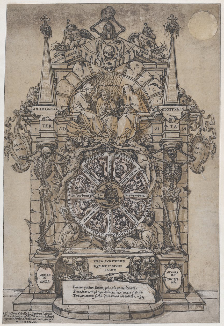 Triumph of Death with three fates in an architectural frame above a wheel of fortune by Andrea Andreani