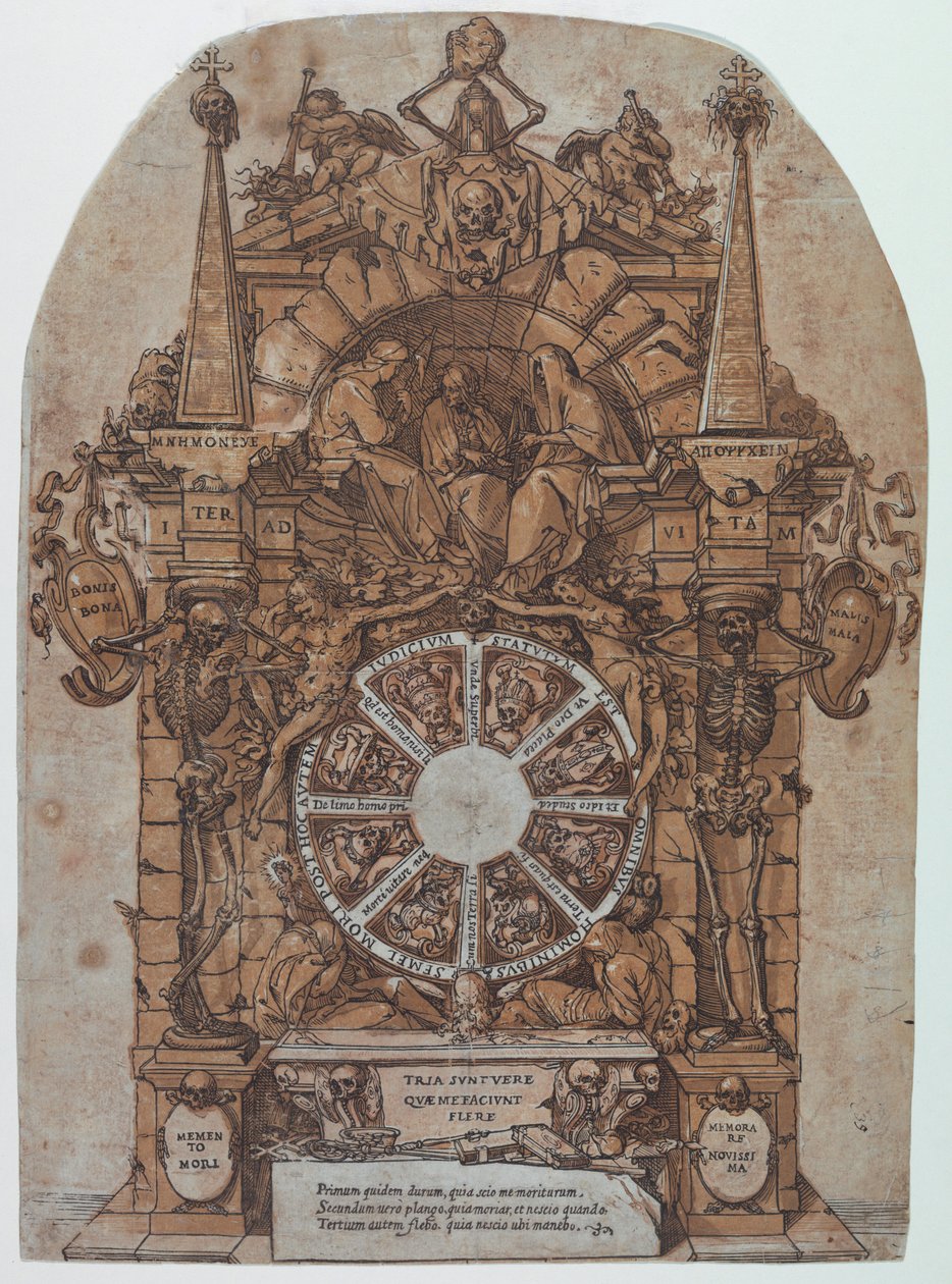 Triumph of Death with Three Fates in an Architectural Frame Above a Wheel of Fortune Flanked by Skeletons; a Skull and an Hourglass at Top and with Wheel Intended to Spin at Center by Andrea Andreani