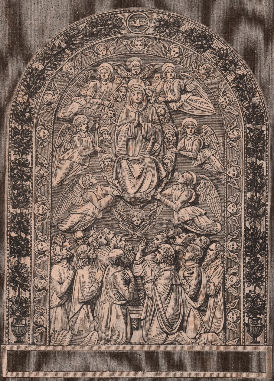 Assumption of Virgin, by Workshop of Andrea della Robbia, Pinacoteca di Citta di Castello, Umbria, Italy, woodcut from Le cento citta d