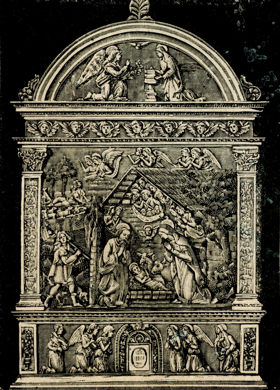 Nativity, terracotta altarpiece by Andrea della Robbia, woodcut from Le cento citta d