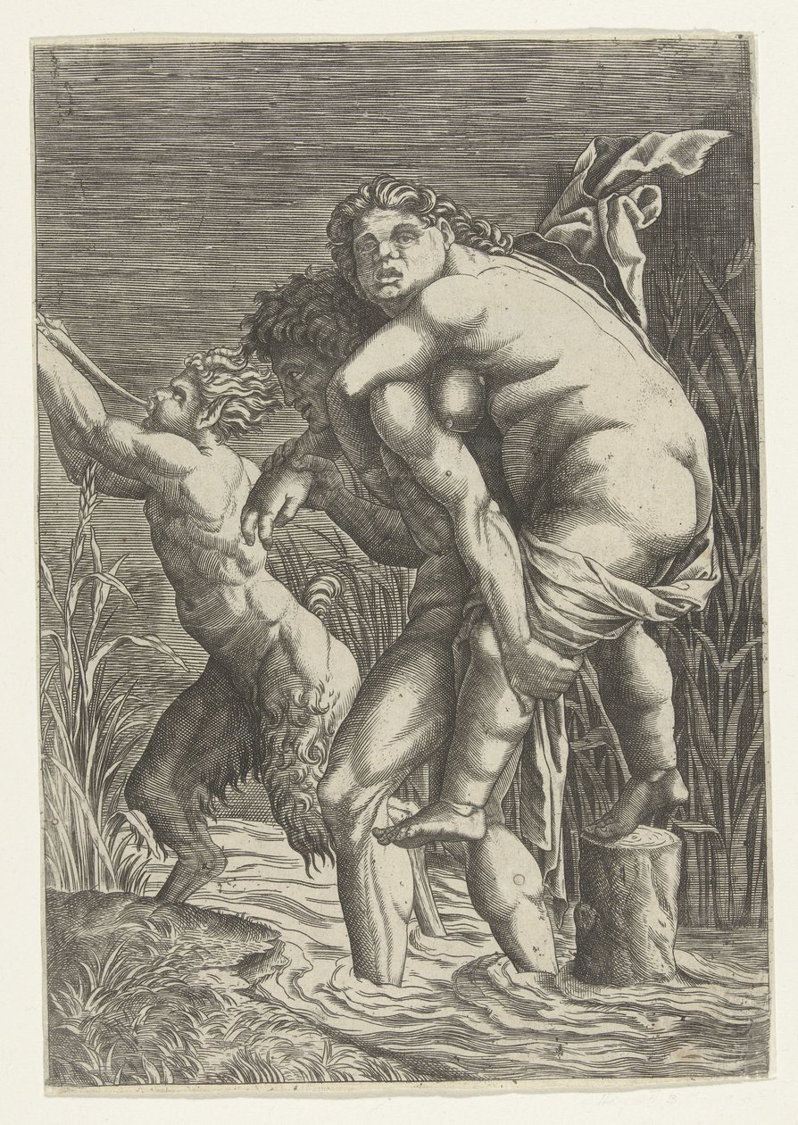 Man Carrying Woman on His Back and a Satyr by Andrea Mantegna (school of)