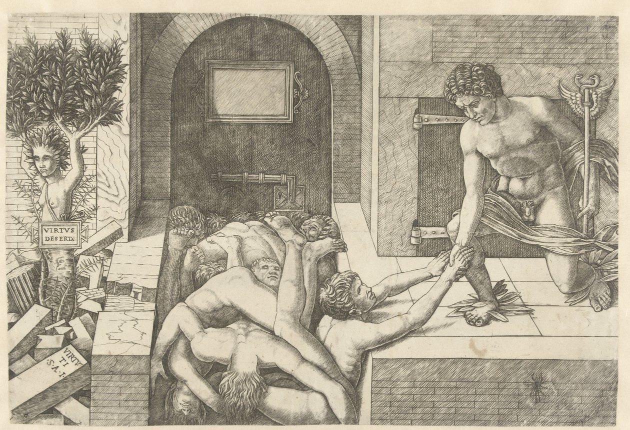 Mercury as Personification of Virtue Rescuing Souls at the Forecourt and Daphne Turning into a Tree by Andrea Mantegna (school of)
