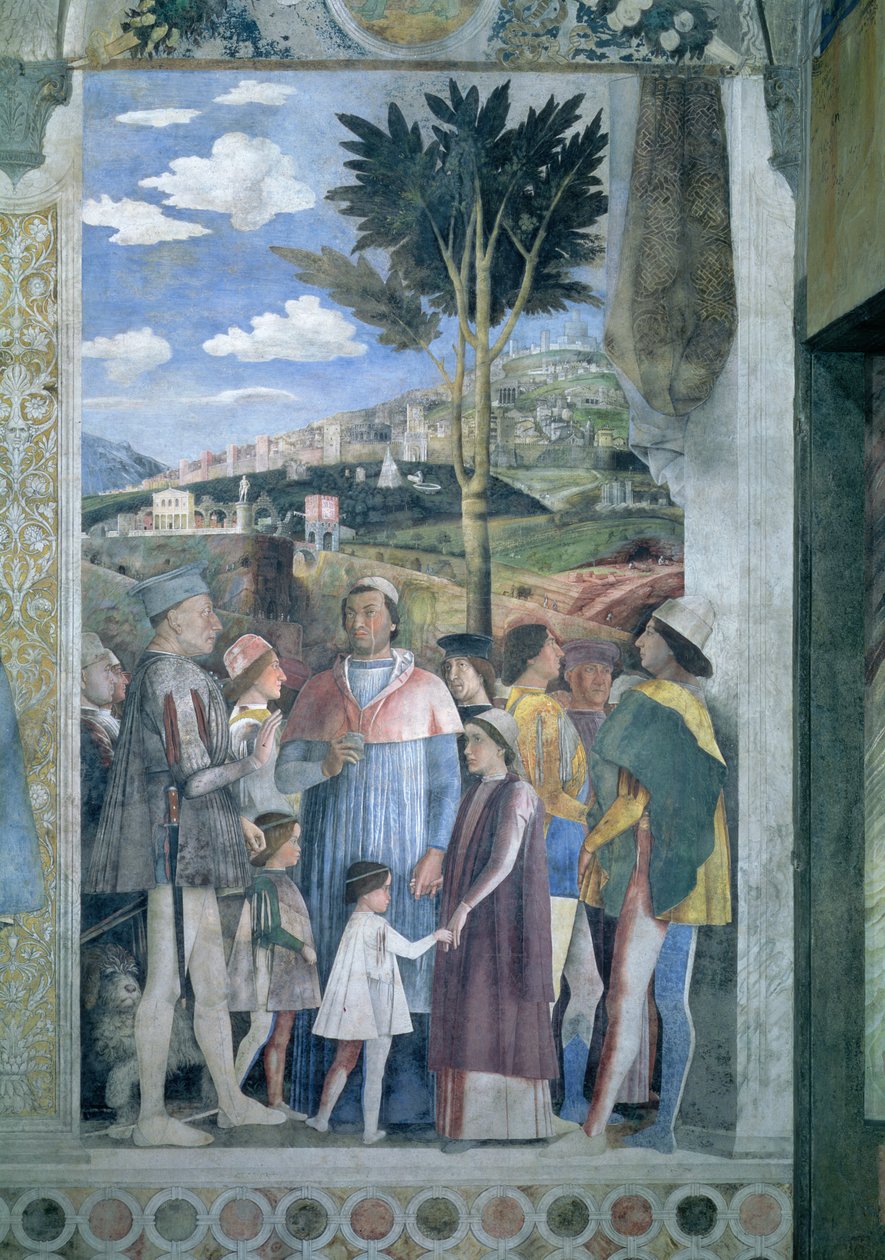 Arrival of Cardinal Francesco Gonzaga, greeted by his father Marchese Ludovico Gonzaga III and his brothers: (detail) by Andrea Mantegna