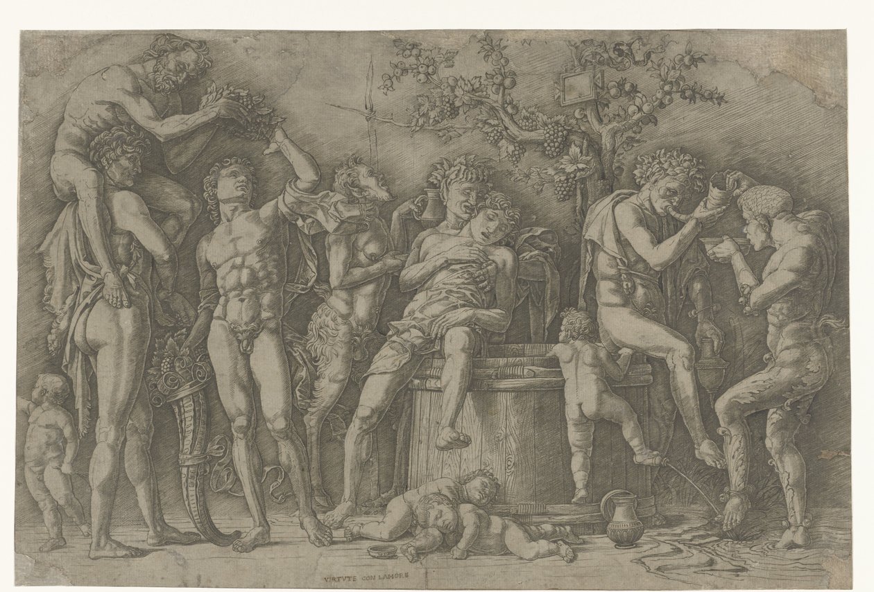 Bacchanal with Satyrs and Bacchantes by a Wine Press by Andrea Mantegna