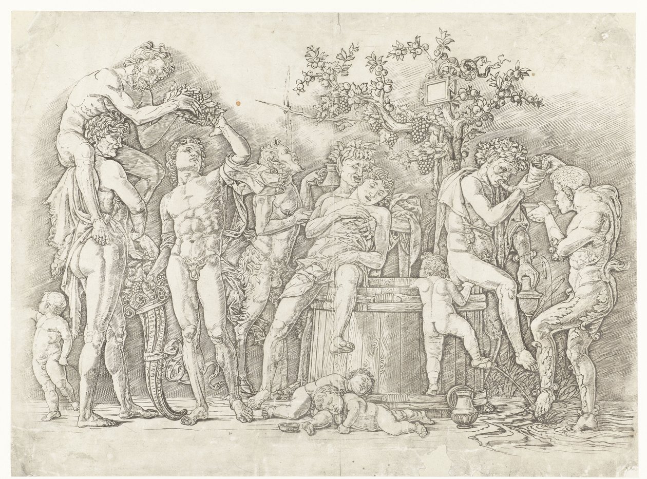Bacchanal with Satyrs and Bacchantes at Wine Press by Andrea Mantegna