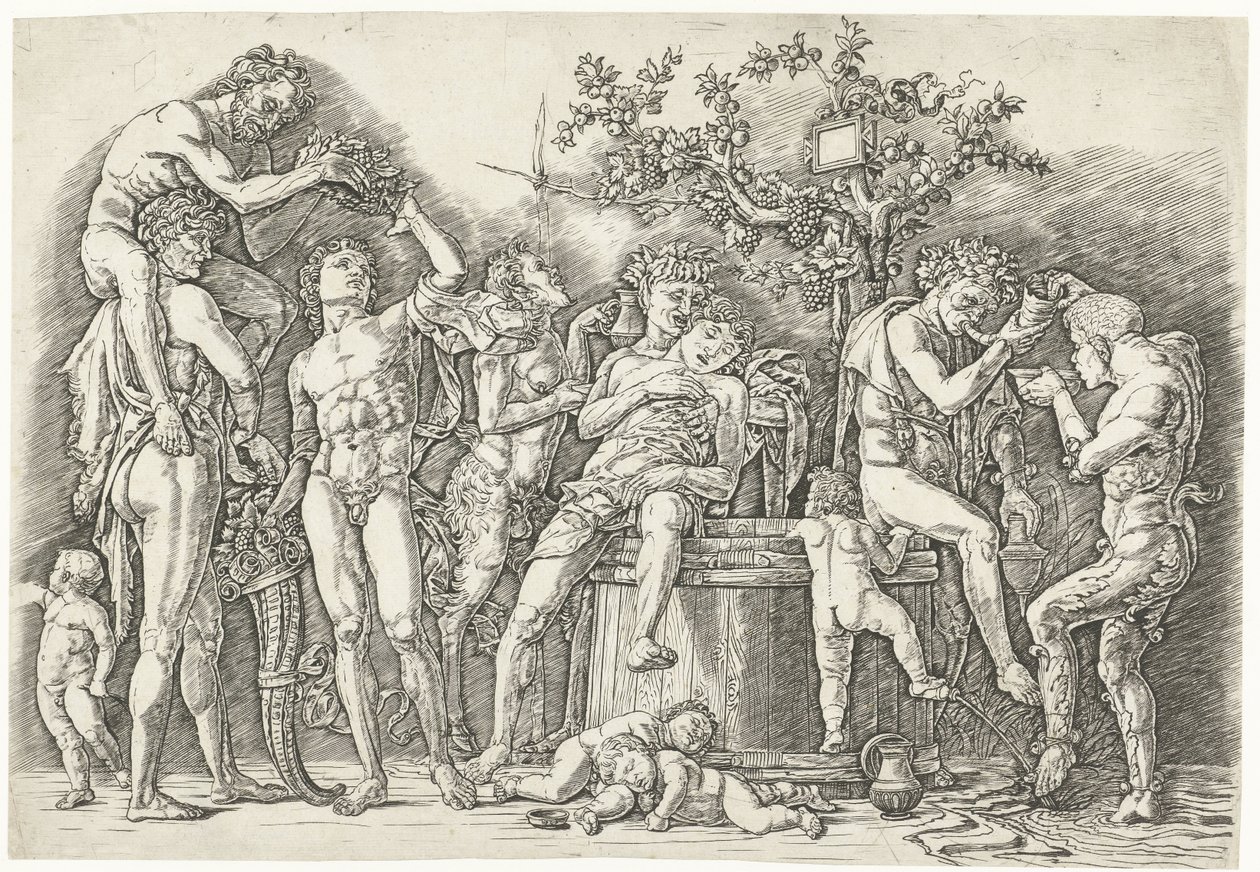 Bacchanal with Satyrs and Bacchantes by Wine Press by Andrea Mantegna