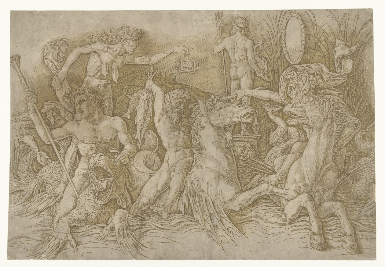 Battle between Satyrs Riding Hippocampi and Old Woman as Personification of Envy Standing on Back of Dragon (series title: Battle of Sea Gods) by Andrea Mantegna