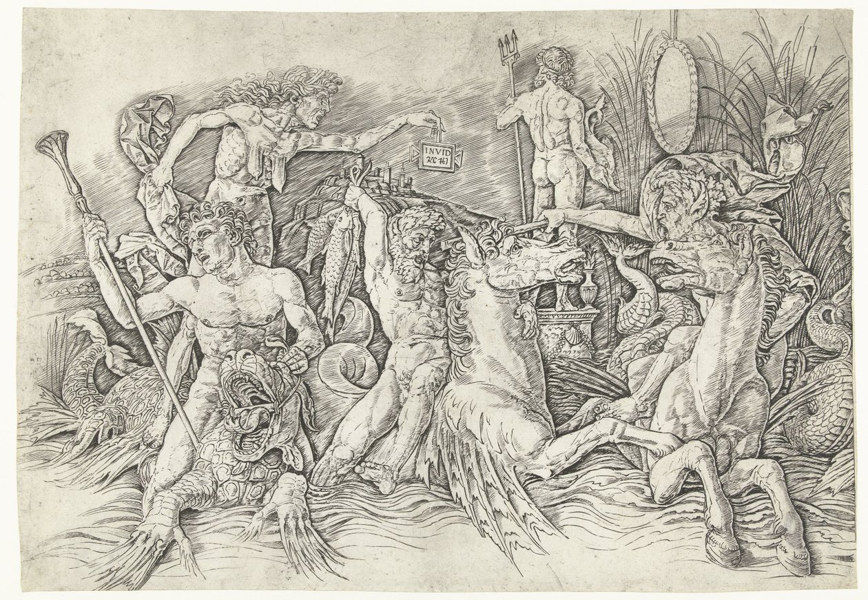 Battle Between Satyrs Riding Hippocampi and Old Woman as Personification of Envy Standing on Dragon