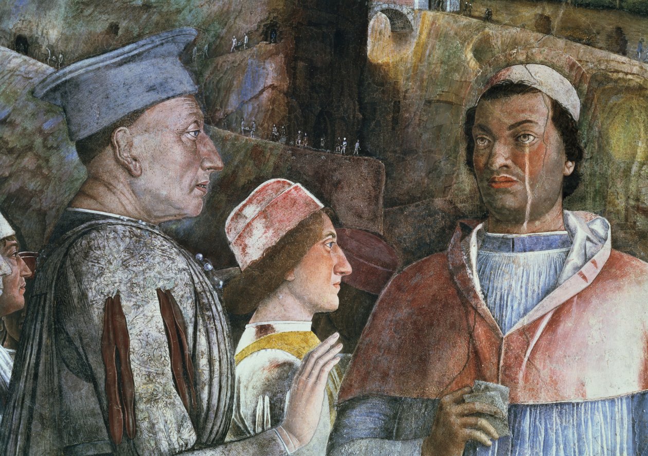 Marchese Ludovico Gonzaga III greeting his son Cardinal Francesco Gonzaga: (detail) by Andrea Mantegna