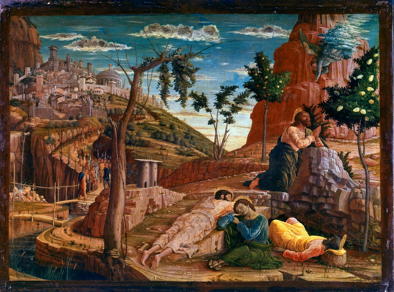 Prayer in the Garden of Olives. After the last supper, Christ goes to the hill of Gethsemani, which dominates Jerusalem with the Apostles. Roman soldiers are approaching to stop him. Altarpiece of San Zeno de Verona. Painting (tempera) on wood by Andrea Ma by Andrea Mantegna