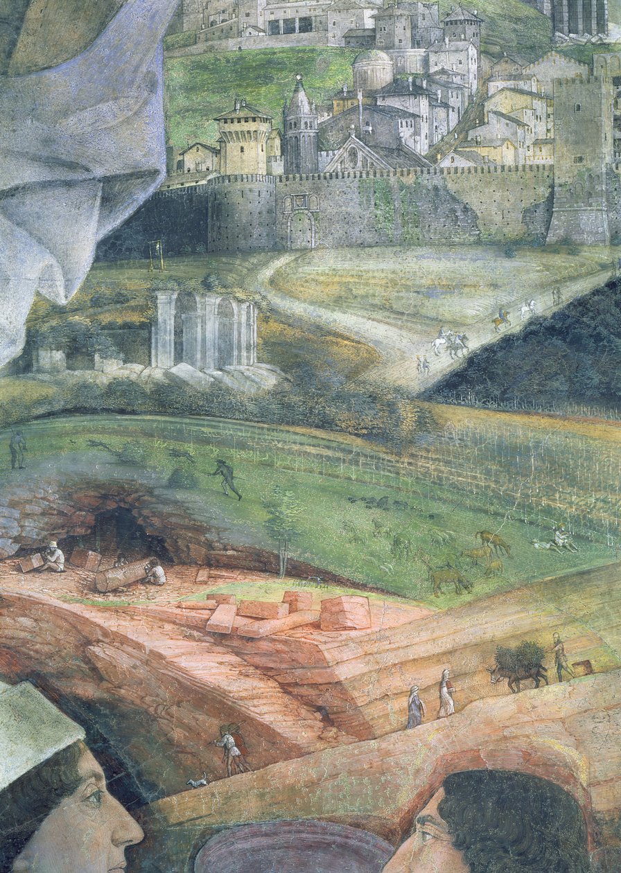 The Arrival of Cardinal Francesco Gonzaga; marble quarry workings and an idealised view of Rome: (detail) by Andrea Mantegna
