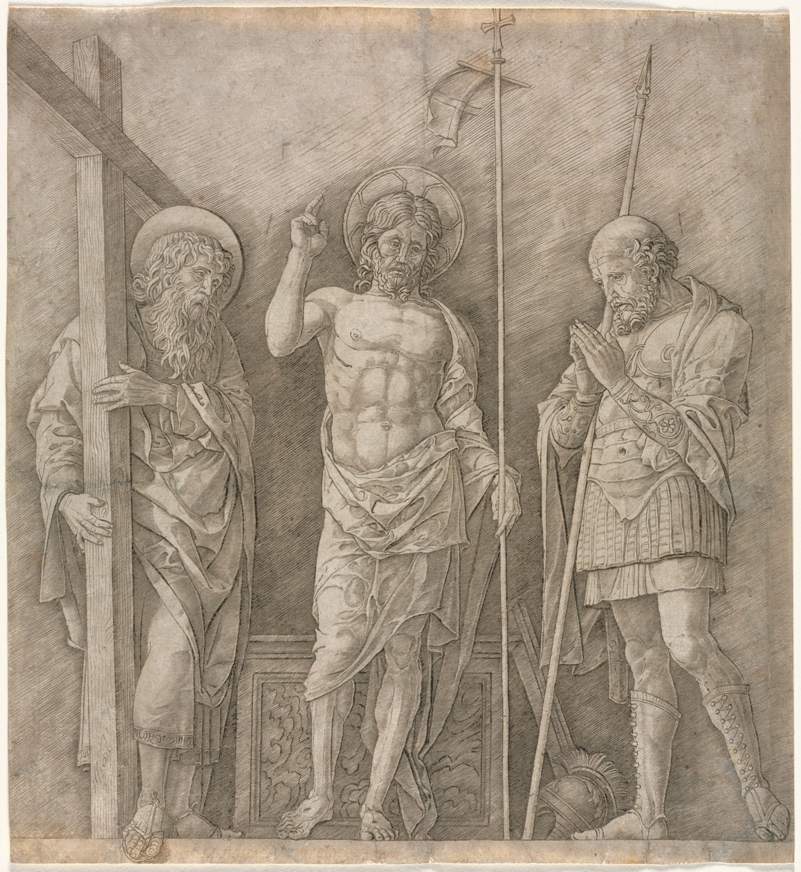 The Risen Christ between St Andrew and Longinus, early 1470s by Andrea Mantegna