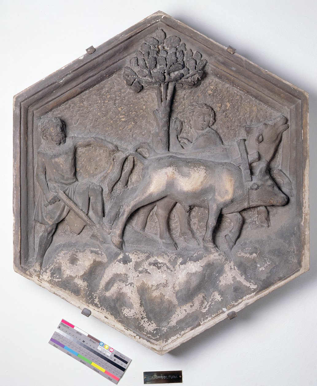 The Art of Agriculture, hexagonal decorative relief tile from a series depicting the practitioners of the Arts and Sciences, possibly based on designs by Giotto by Andrea Pisano