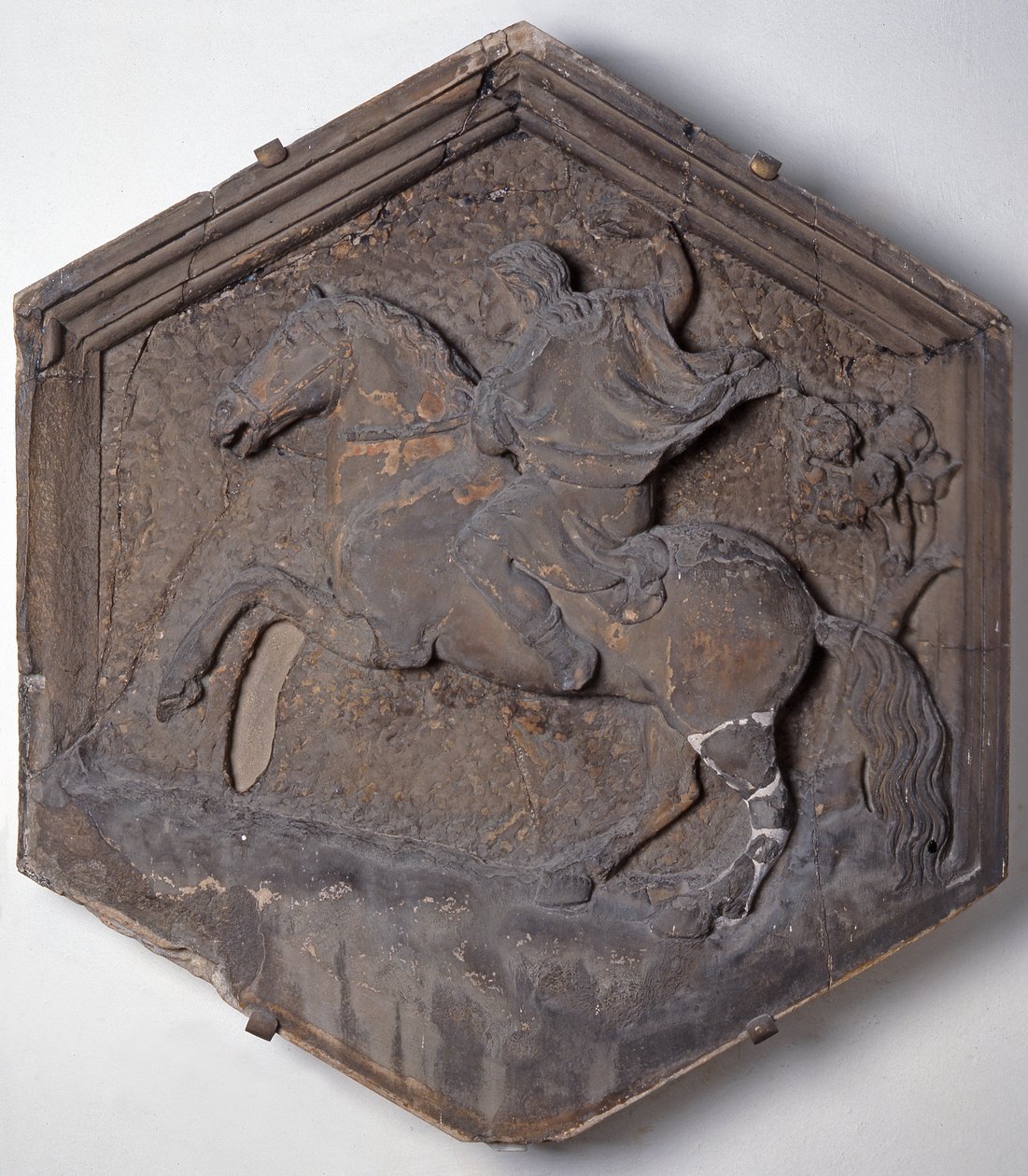 The Art of Hunting, hexagonal decorative relief tile from a series depicting the practitioners of the Arts and Sciences, possibly based on designs by Giotto, c.1334-48 by Andrea Pisano