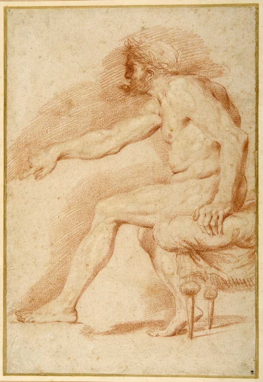 Bearded nude seated on a couch all