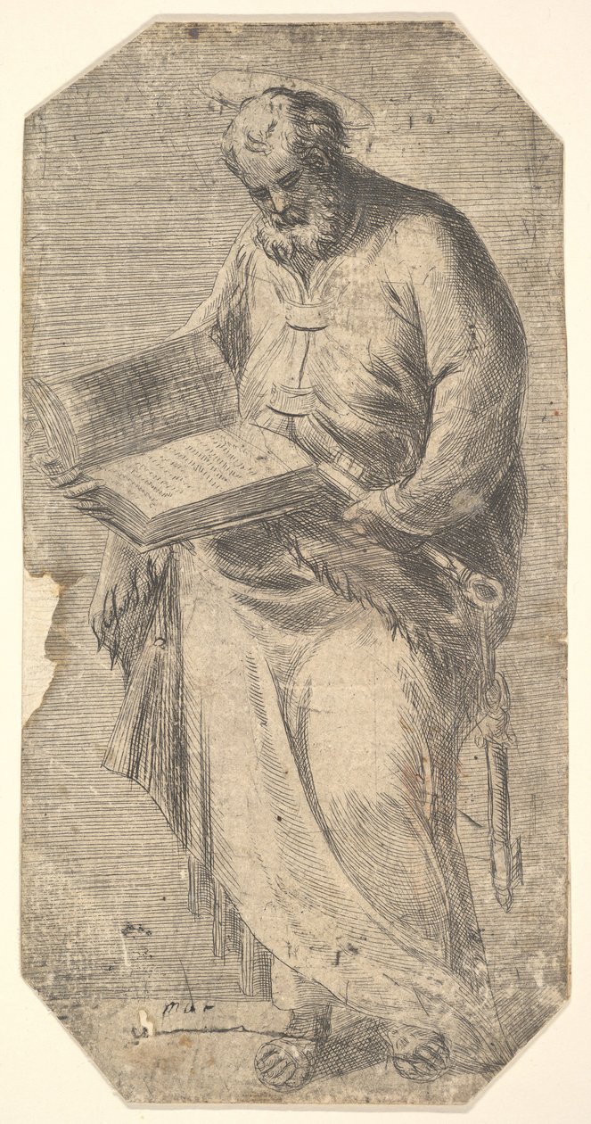 Saint Peter holding a large open book, keys by his side, ca. 1548-50 by Andrea Schiavone