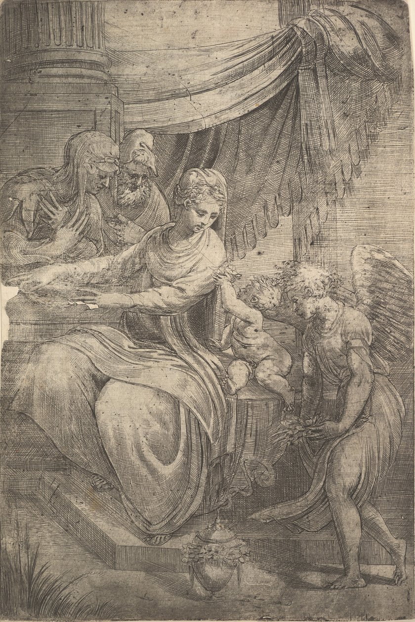 The Holy Family, an Angel Holding Flowers Approaching from the Right by Andrea Schiavone
