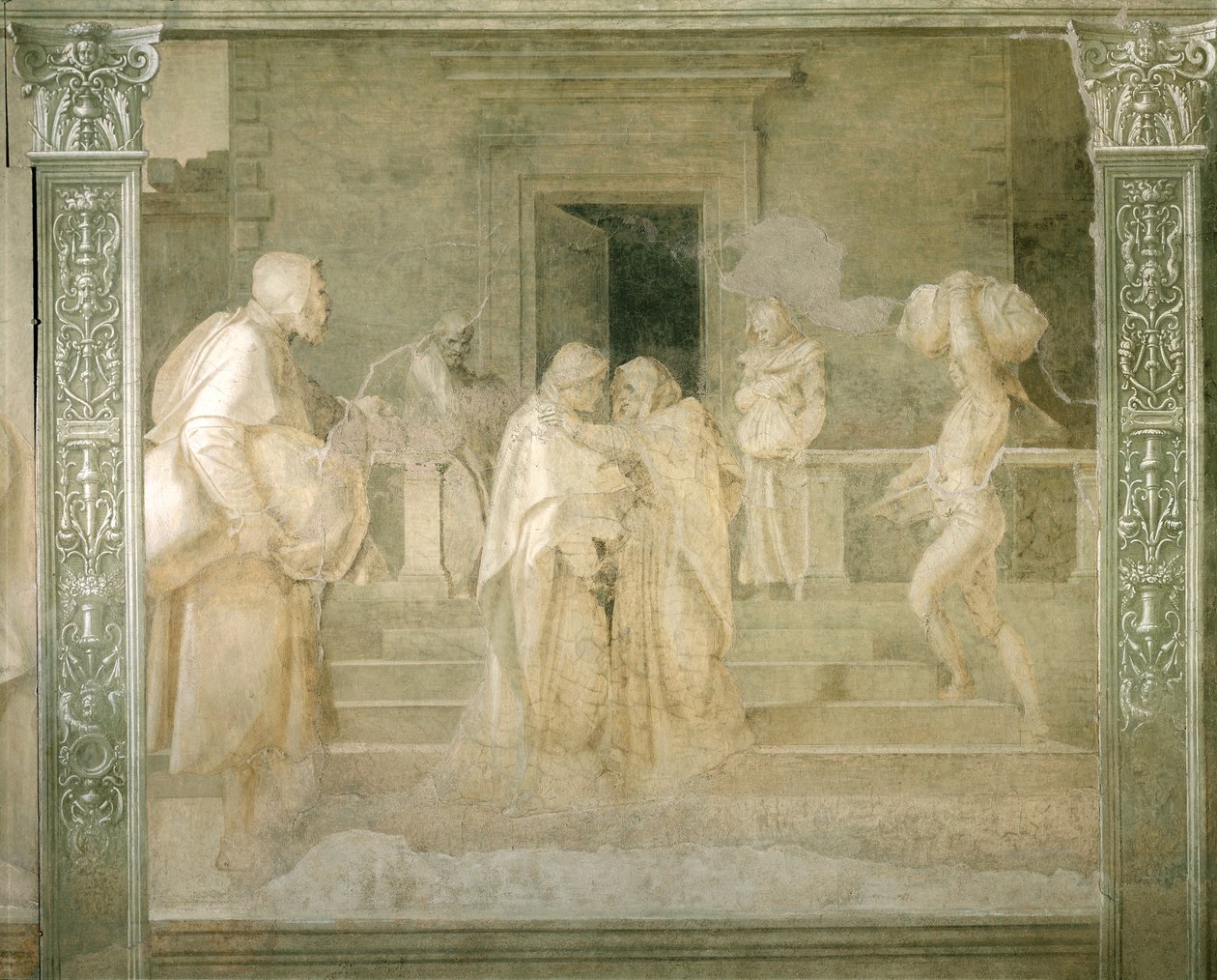 Visit of Virgin to Elizabeth, detail from Stories of Virgin by Andrea del Sarto, Cloister of Scalzo, Florence by Andrea del Sarto