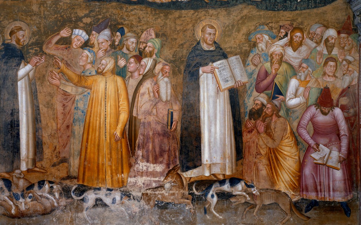 Triumph of the militant church: Thomas Aquinas before the heretics and Fra Dolcino torn the official doctrine of the Church (detail) by Andrea di Bonaiuto (fl.1343 77)