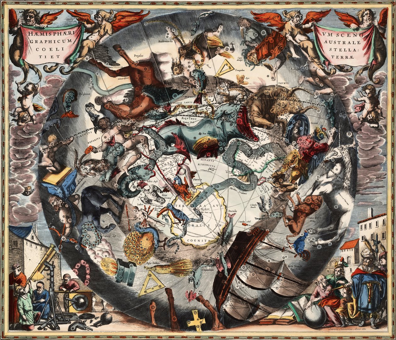 Southern Hemisphere Constellations Scenographically over the Terrestrial Globe by Andreas Cellarius