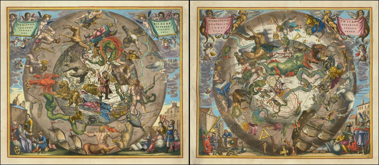 Hemispheric Borealis Coeli et Terrae Sphaerica Scenographia - Southern Hemisphere Scenographic of the Starry Sky and Earth by Andreas Cellarius