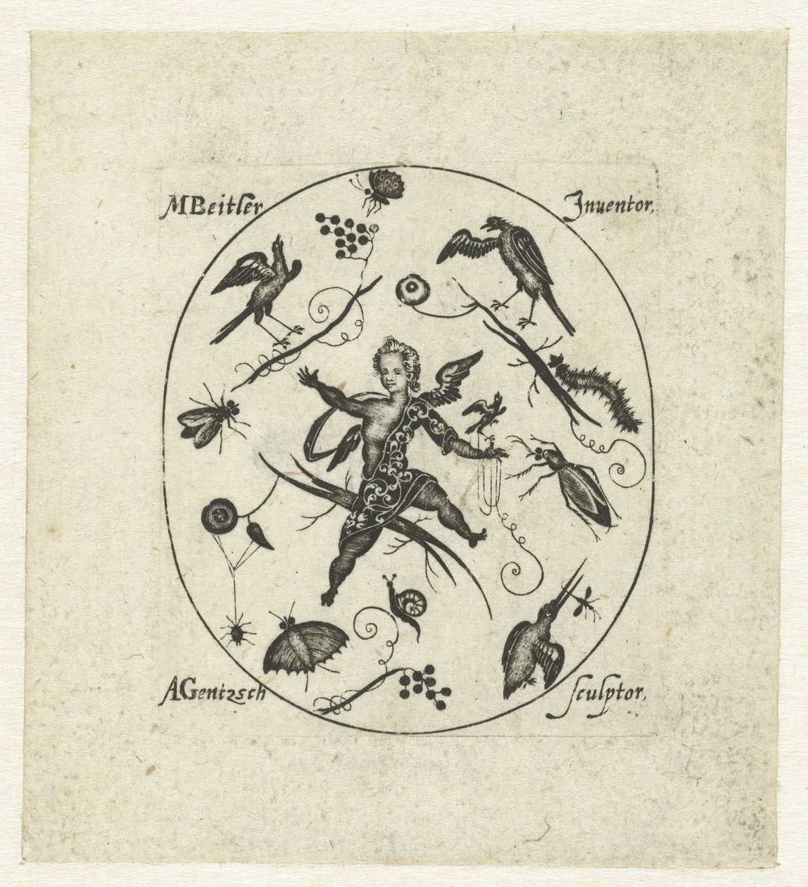 Oval with Putto Surrounded by Birds, Butterflies, and Insects (Modern Grotesques in the Form of Black Ornaments) by Andreas Gentzsch