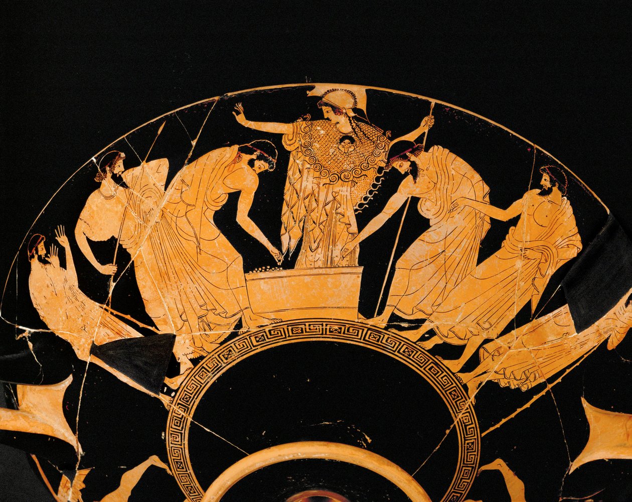 At the feet of the Goddess Athena, two Greek warriors draw lots for the arms and armour of the slain Achilles by Andreas Schelfhout
