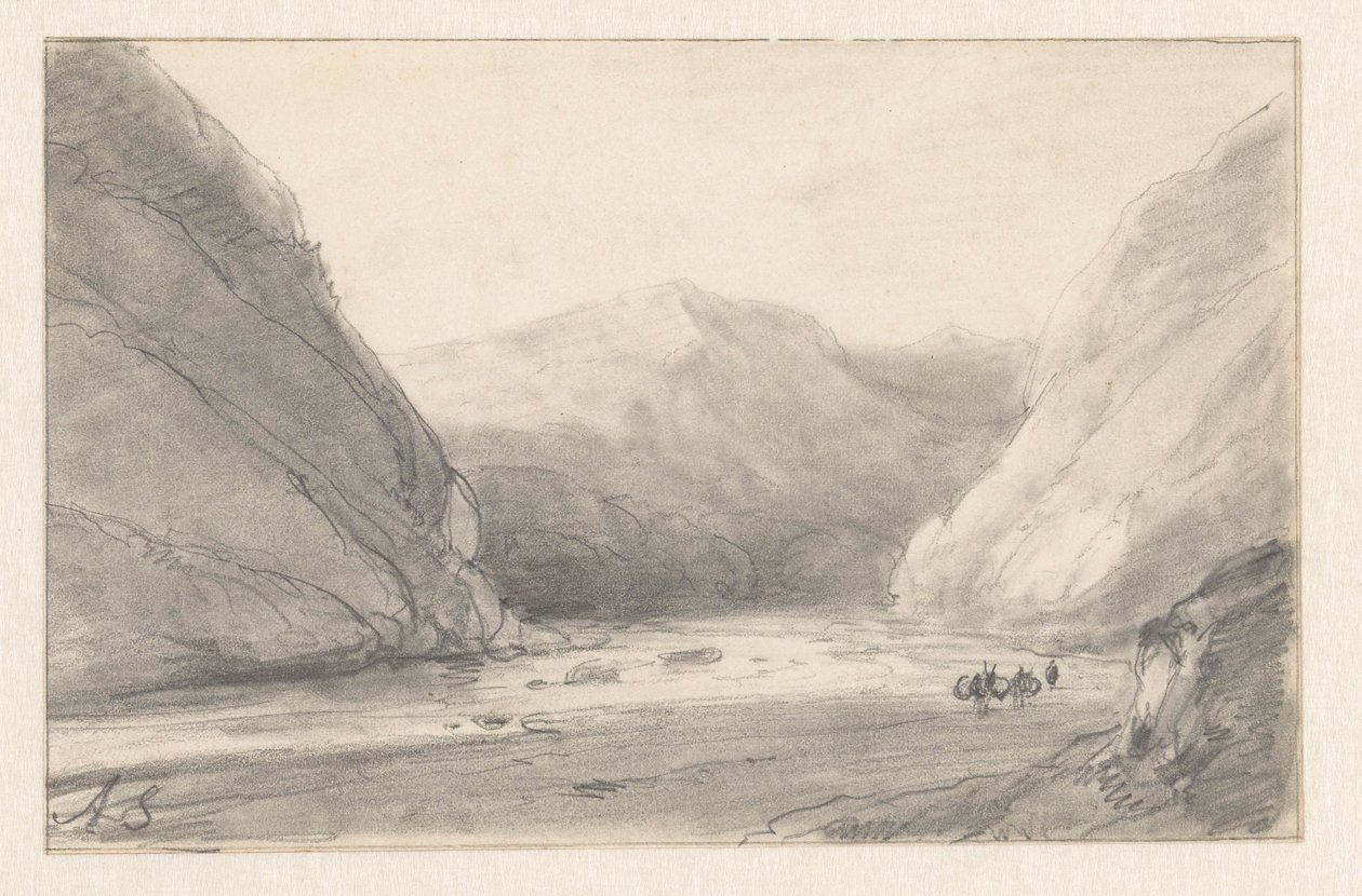 Mountain Landscape with River and a Figure with Two Packed Donkeys by Andreas Schelfhout