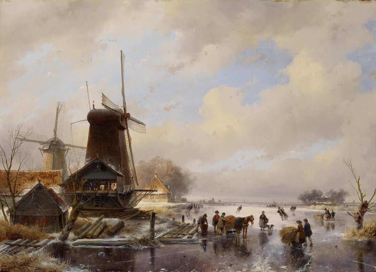A Sawmill on a Frozen Canal, Men Loading a Sledge in the Foreground by Andreas Schelfhout