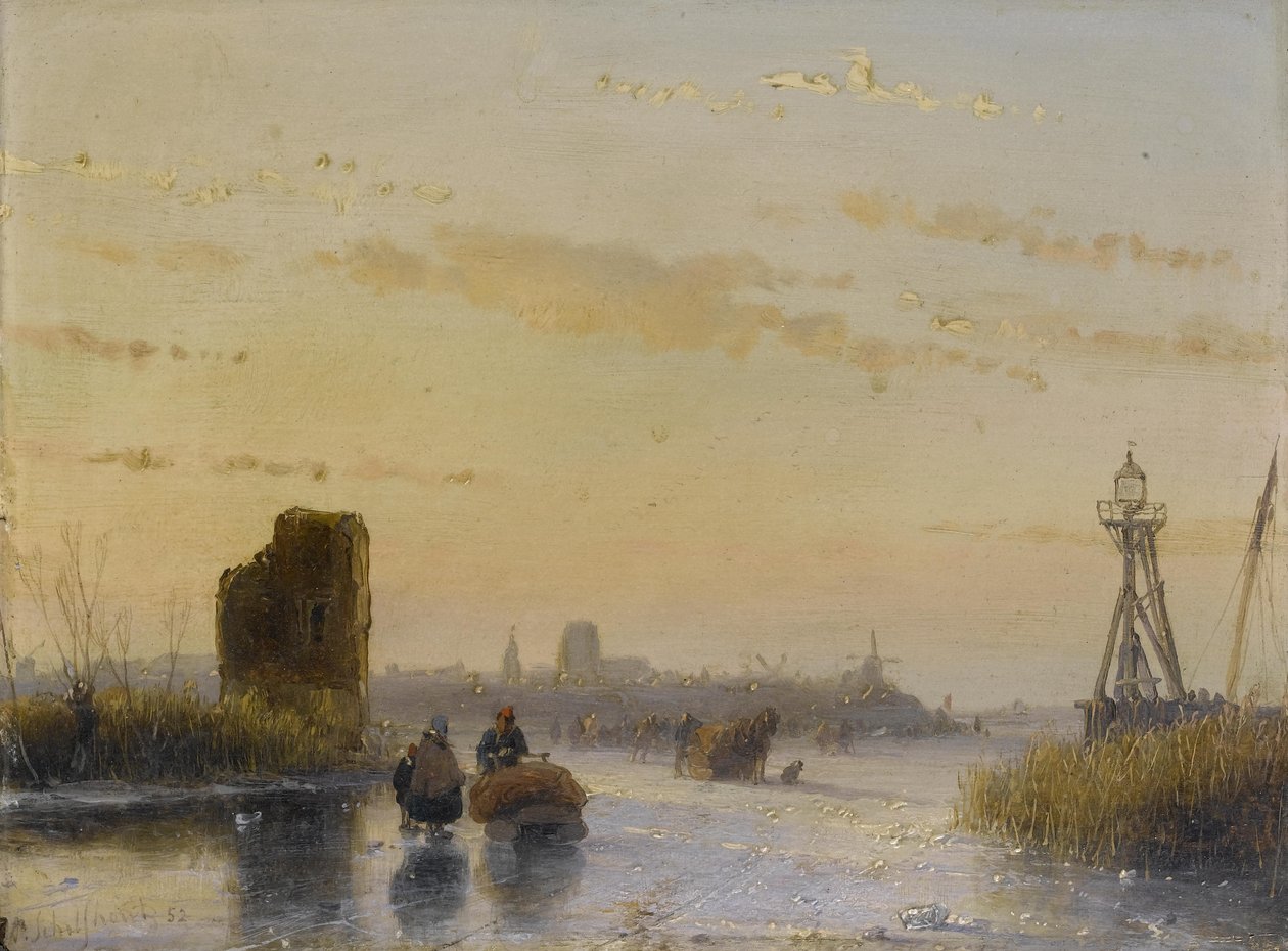 Figures on a Frozen Waterway by Andreas Schelfhout