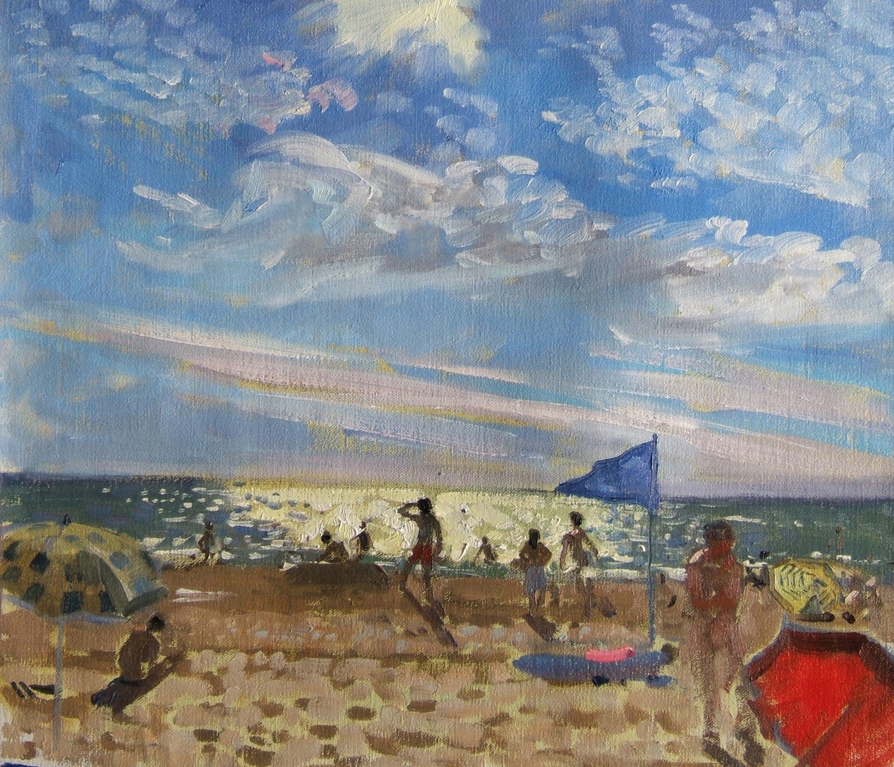 Blue flag and red sun shade, Montalivet by Andrew Macara