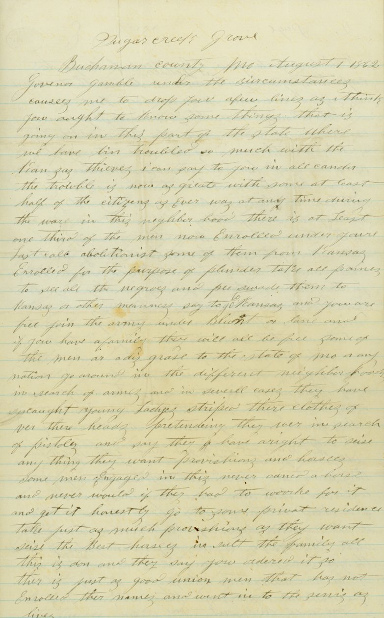 Letter signed Andrew Brownlow, Buchanan County, Mo., to Governor Gamble [Hamilton R. Gamble], August 1, 1862 by Andrew Brownlow