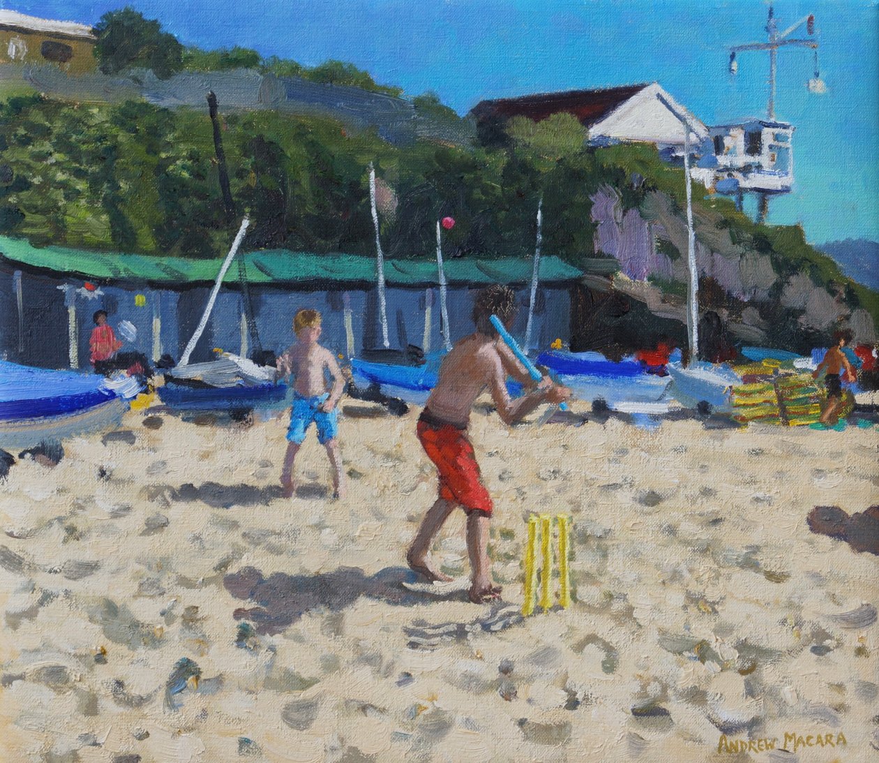 Cricket, and yellow stumps, Abersoch by Andrew Macara