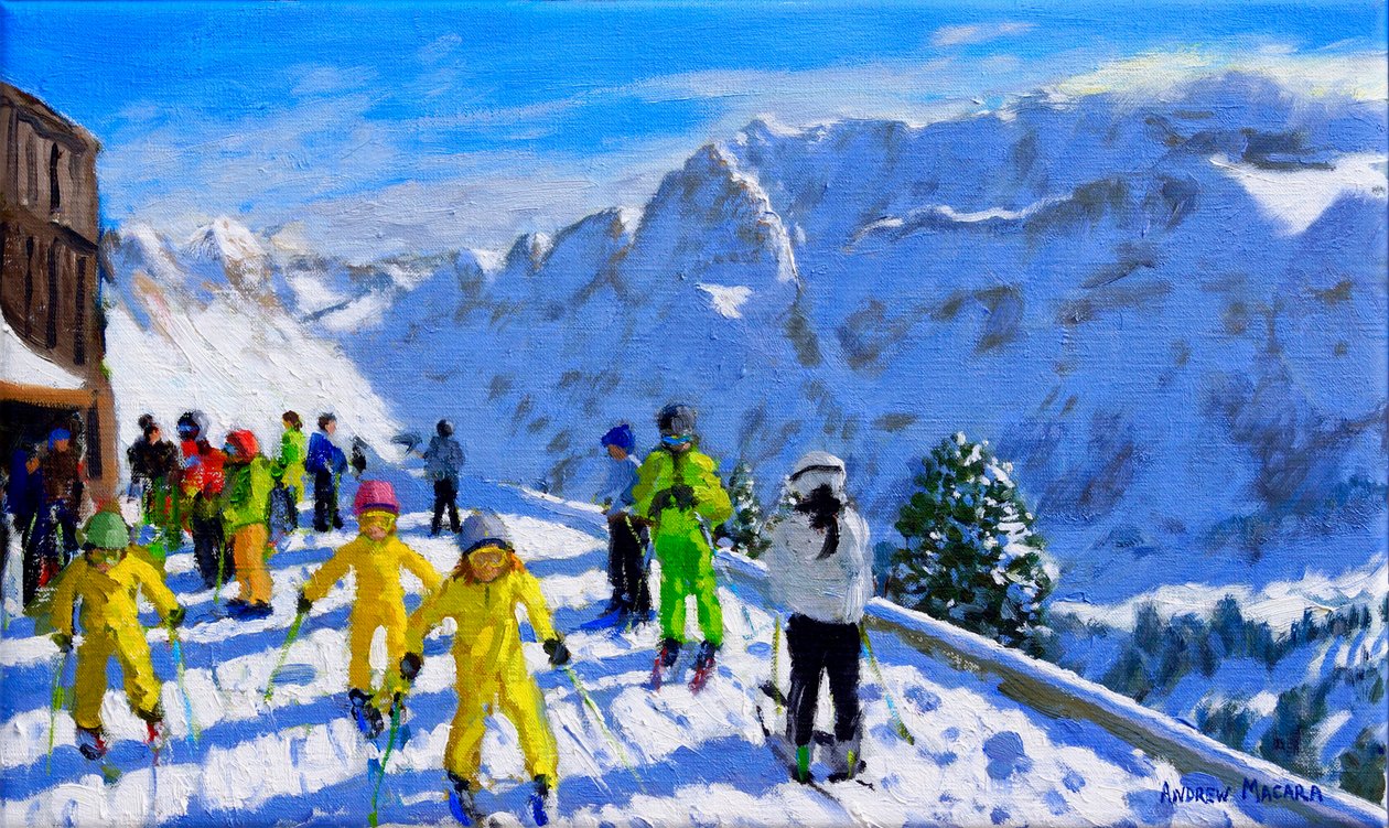 Young skiers in yellow, Val Gardena, Italy by Andrew Macara