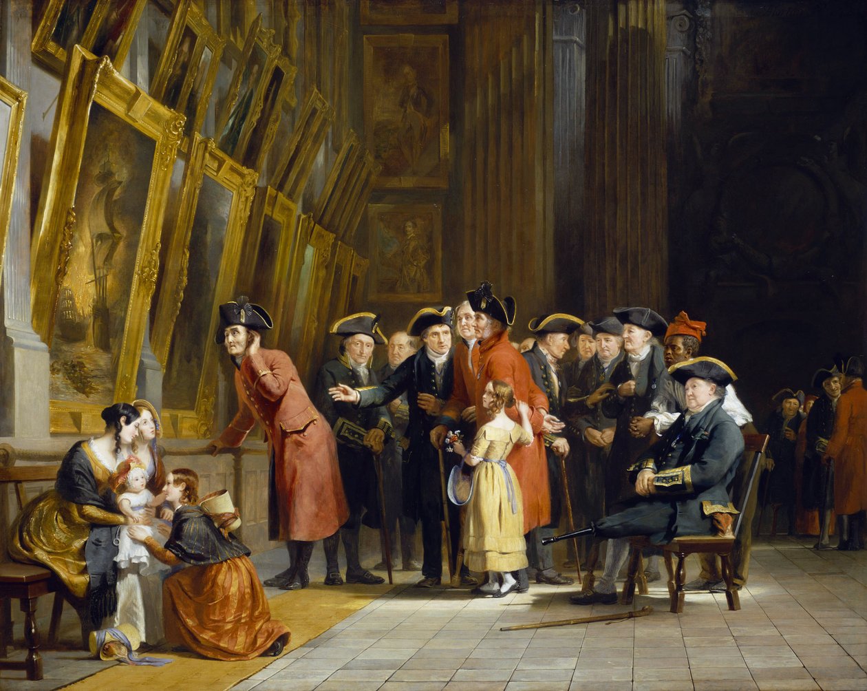 A meeting of veterans of the British Army and Navy, who served under Horatio Nelson (1758-1805): Chelsea residents (dressed in red) and Greenwich Hospital (dressed in blue) visiting the marine paint gallery at Greenwich Hospital by Andrew Morton