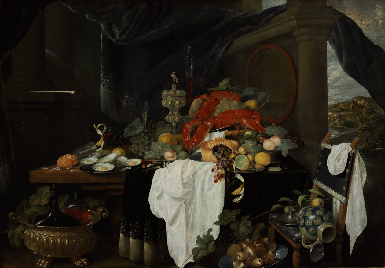A Pronk Still Life with Fruit, Oysters, and Lobsters by Andries Benedetti