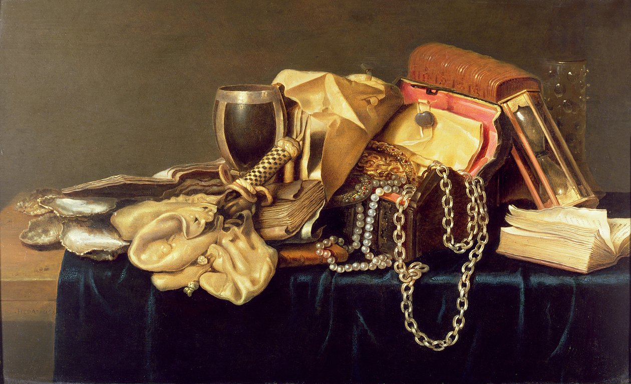 Still Life of a Jewellery Casket, Books and Oysters by Andries Vermeulen