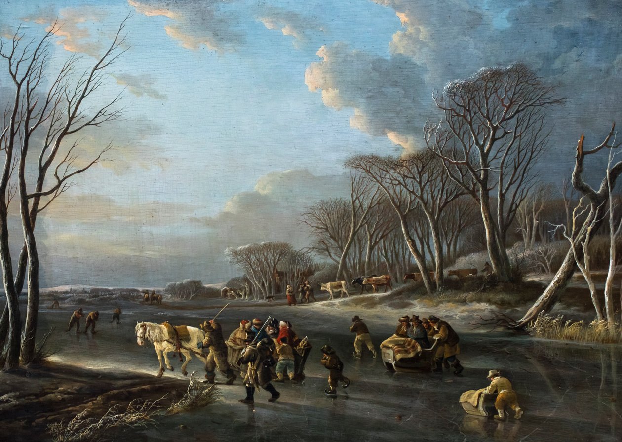 Travelers in a Sled on a River in Holland by Andries Vermeulen
