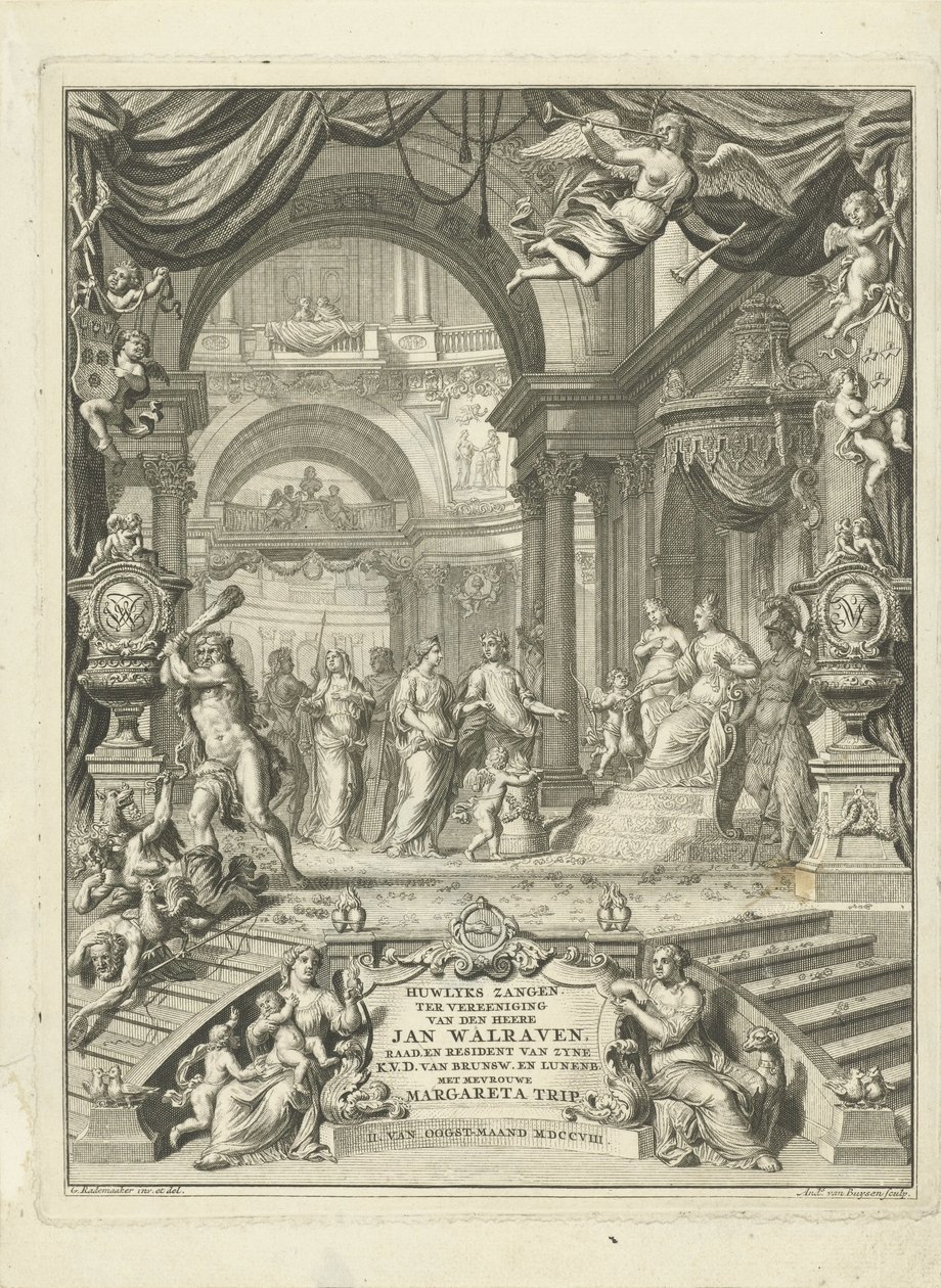 Title Page for: Wedding Songs for the Union of Mr. Jan Walraven, Councilor (...) of His Electoral Highness of Brunswick and Lunenburg. With Mrs. Margareta Trip. Amsterdam, 108 by Andries van Buysen (Sr.)