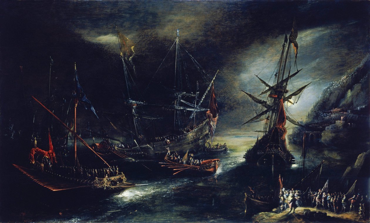 Embarkation of Spanish Troops, a Dutch Interpretation of a Spanish Expedition, Depicted on an Imaginary Coast of the Mediterranean Sea by Andries van Eertvelt
