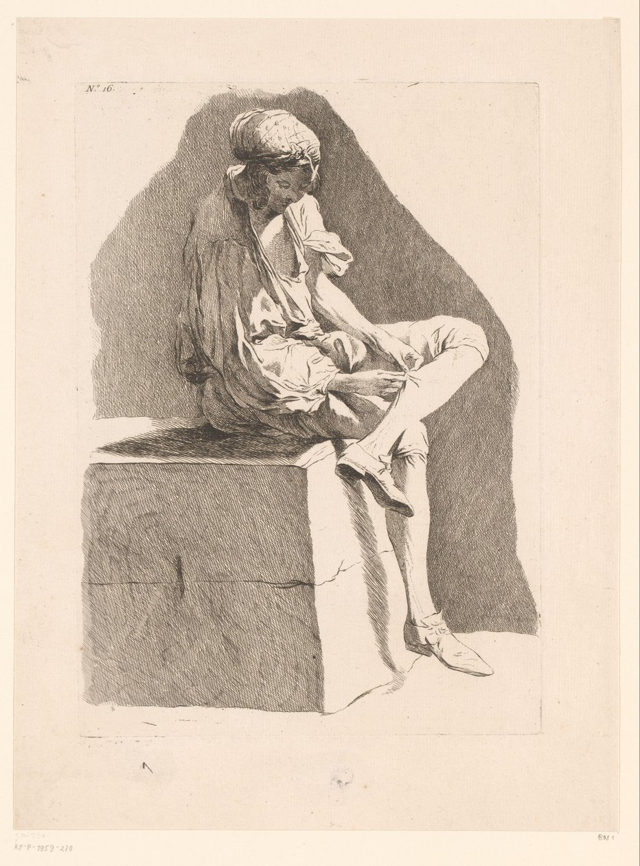 Caricature of a Boy Sewing His Sock by Ange Laurent de, marquis de Rémoville Lalive