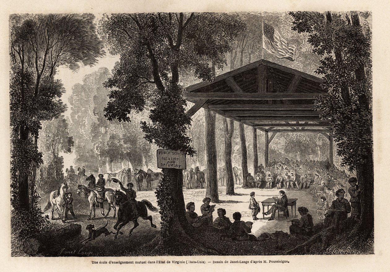 A school of mutual education, in a wood of Virginia (United States), drawing by Janet Lange, to illustrate a visit to the cave of Mammoth, Kentucky, in 1859, by M. Pousselgue. Engraving in Le tour du monde, edited by Edouard Charton by Ange Louis Janet