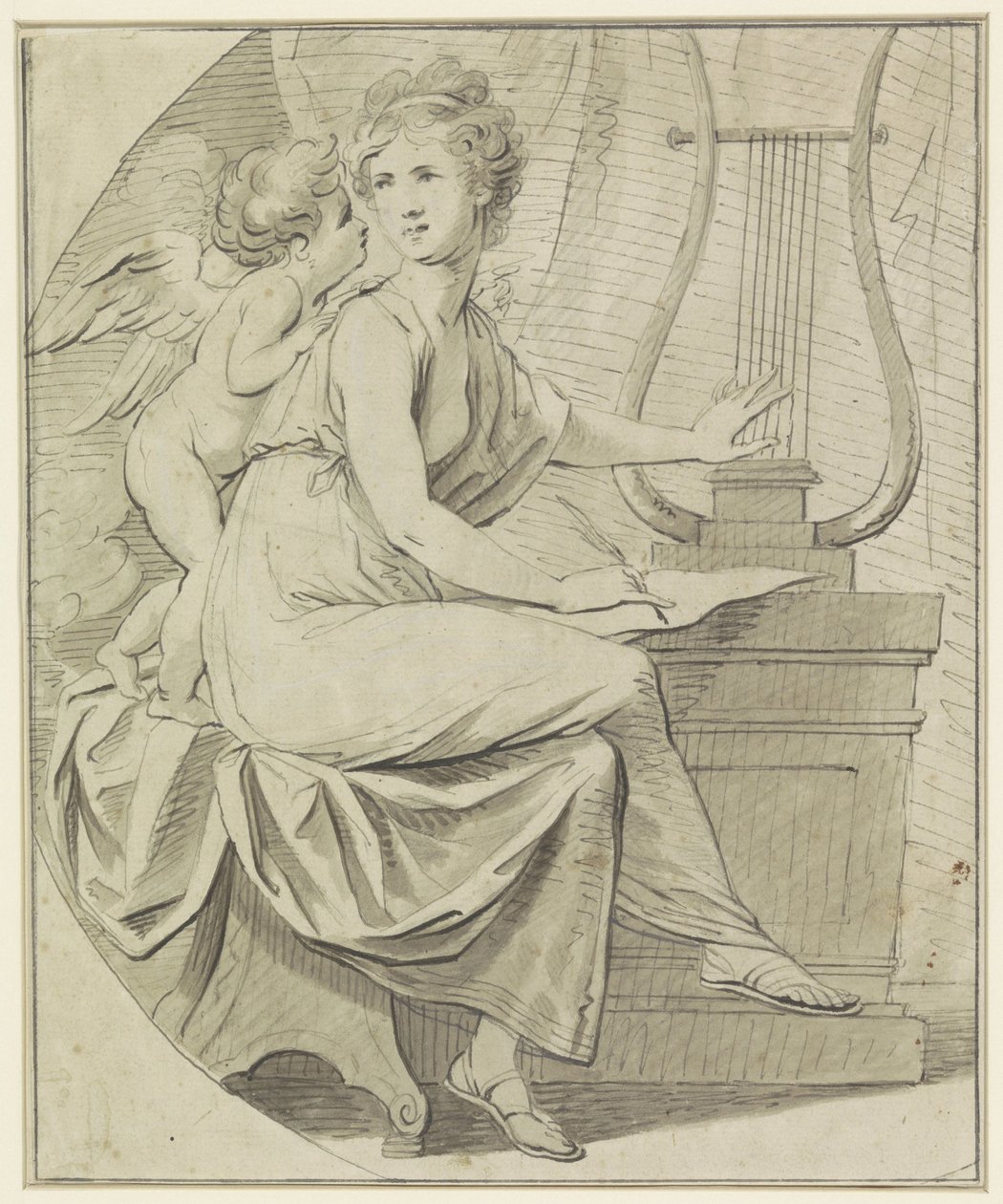 Amor Inspires a Young Woman, Playing a Lyre with One Hand and Writing with the Other by Angelica Kauffmann